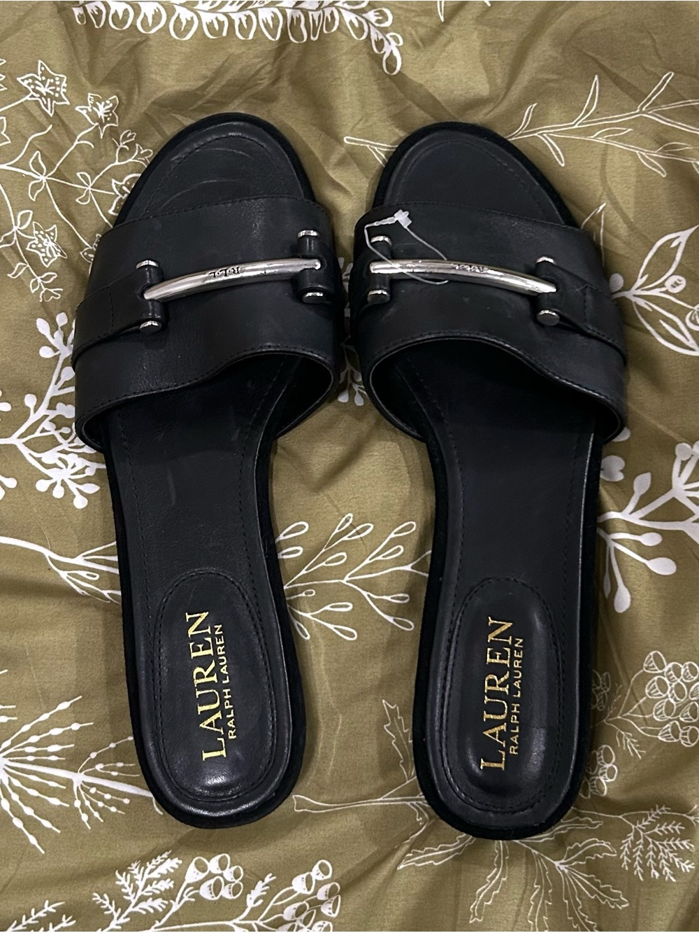 Lauren Ralph Lauren Black Leather Slide Sandals Horsebit Logo Size 7.5
